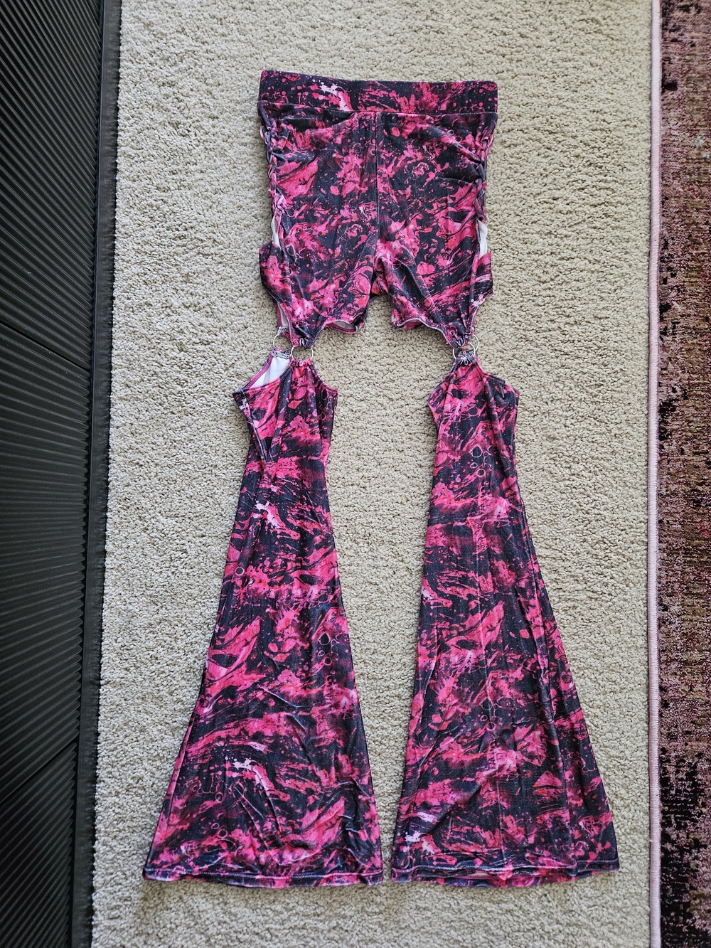 iHeartRaves Velvet Pink and Black Tie-Dye Cutout Flare Pant